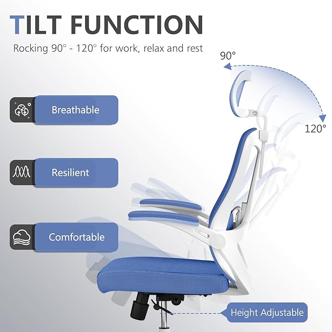 350 LBS Ergonomic Office Computer Mesh Chair - Adjustable Height Rolling Desk Chair with Flip-Up Armrests & High Back Support - Comfortable Swivel Task Chair for Home Office (03BLUE)