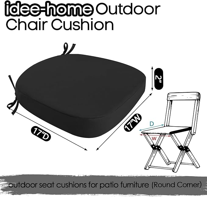 idee-home Outdoor Chair Cushions Set of 4, 17" x 17" Thick D-Shaped Patio Furniture Outdoor Seat Cushions Waterproof with Ties, Dining Pads