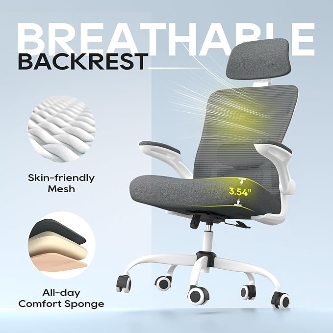 Office Chair, Ergonomic Mesh Desk Chair with Adjustable Lumbar Support and Headrest, Flip-up Armrests, High Back Computer Task Chair for Home and Executive Office (W-Dark Grey)