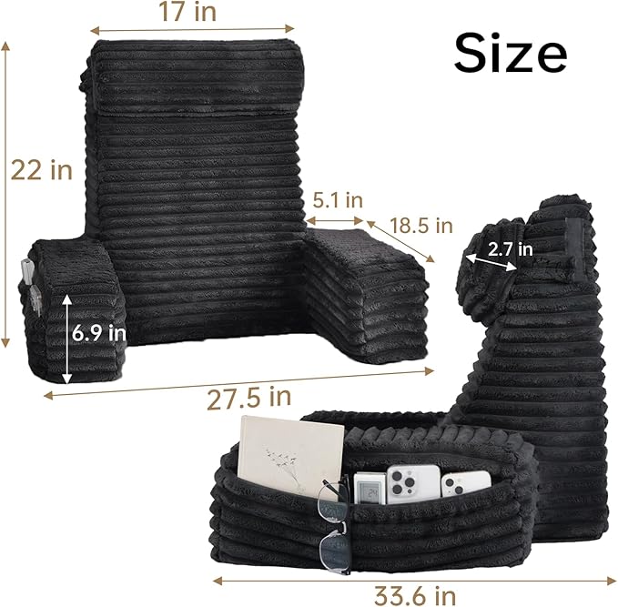 ENITYA 22" XL Ergonomic Bed Pillow for Sitting Up，Backrest Cushion for Reclining,Gaming,Resting,Watching TV,Recovery in Bed, Couch or Floor, Removable Cover, Black