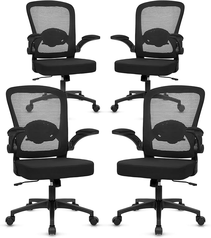 KLASIKA Desk Chairs with Wheels, Ergonomic Mesh Back Home Office Chair Adjustable Lumbar Support and Height Swivel Rolling Computer Task Chairs with Flip Up Armrests for Conference Meeting, Black, 4PK