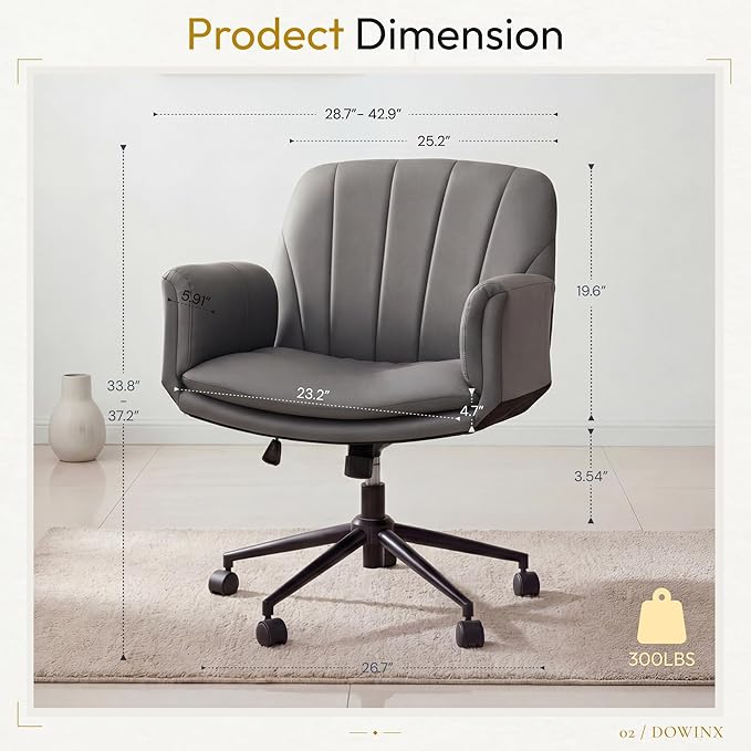 Dowinx Criss Cross Chair with Five-Level Adjustable Arms and Wheels - Comfortable Ergonomic PU Leather Swivel Vanity Chair - Computer Makeup Gaming Chair for Home Office, Bedroom, Vanity Room (Grey)