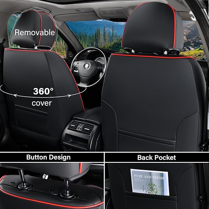 Coverado Car Seat Covers Full Set, 5 Piece Car Seat Protector with Removable Headrest, Nappa Leather Breathable Front Rear Seat Cushion Side All Wrapped Universal Fit Truck Most Cars Black & Red