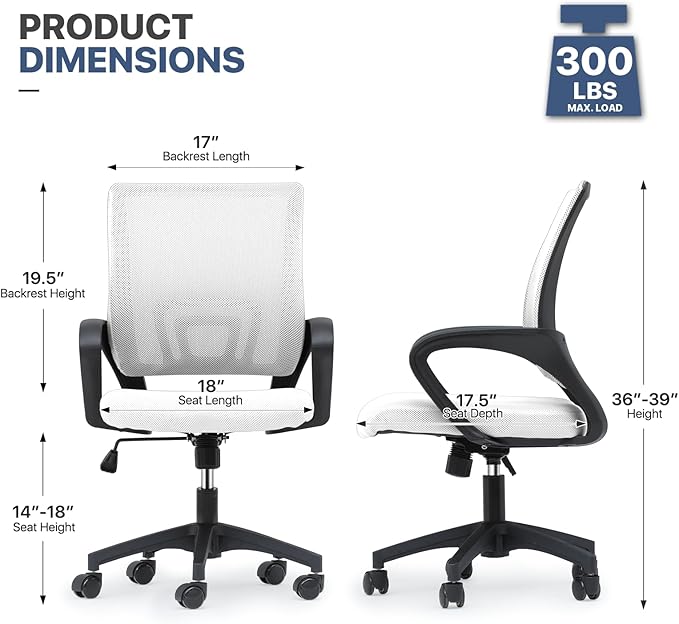MoNiBloom Mesh Office Chair, Ergonomic Computer Chair for Adults, Rolling Swivel Mid-Back Desk Chair with Lumbar Support, Comfy Armrest for Home Office, Gaming, White 20 Pack