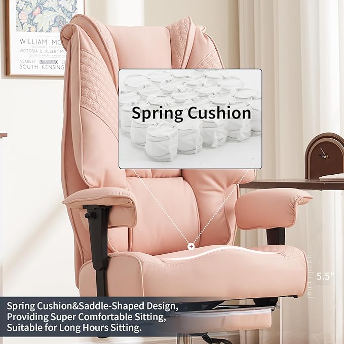 EXCEBET Big and Tall Office Chair 400lbs Wide Seat, Leather High Back Executive Office Chair with Foot Rest, Ergonomic Chairs Lumbar Support for Lower Back Pain Relief (Light Pink)