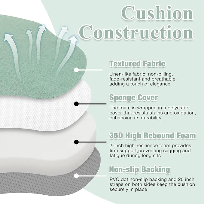 Light Green Winsor Chair Cushions with Ties, Dining Kitchen Chair Seat Pads Non Slip Removable Washable Cover 17"x16" Set of 2