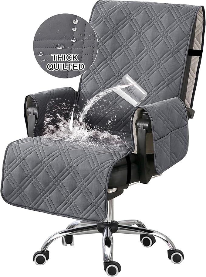 Turquoize Waterproof Office Chair Cover with Armrest Covers Gray Computer Desk Chair Cover Protector with Arms Soft Durable Office Chair Seat Slipcover with Anti-Slip Buckle for Home Office, Gray