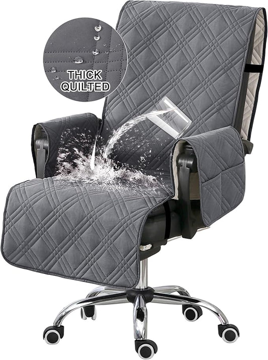 Turquoize Waterproof Office Chair Cover with Armrest Covers Gray Computer Desk Chair Cover Protector with Arms Soft Durable Office Chair Seat Slipcover with Anti-Slip Buckle for Home Office, Gray