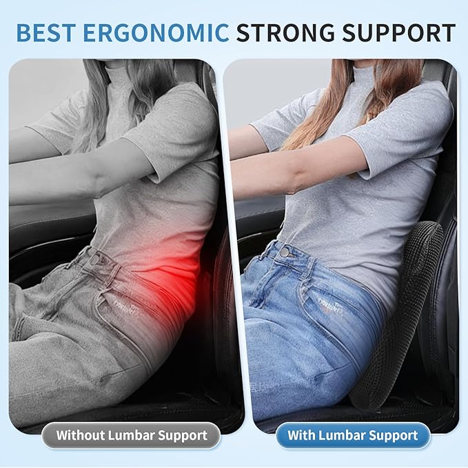 Lumbar Support Pillow for Car, Office Chair, and Gaming, Memory Foam Back Support for Lower Back Pain Relief, Ergonomic with Breathable Removable Mesh Cover, Black