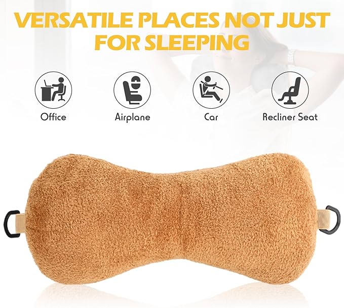 Colingmill 1 Pc Neck Pillow for Recliner Headrest Pillow Bone Shaped Chair Plush with Adjustable Strap Neck Support and Pain Relief Curve Head Cushion for Car Travel Airplane (Camel)