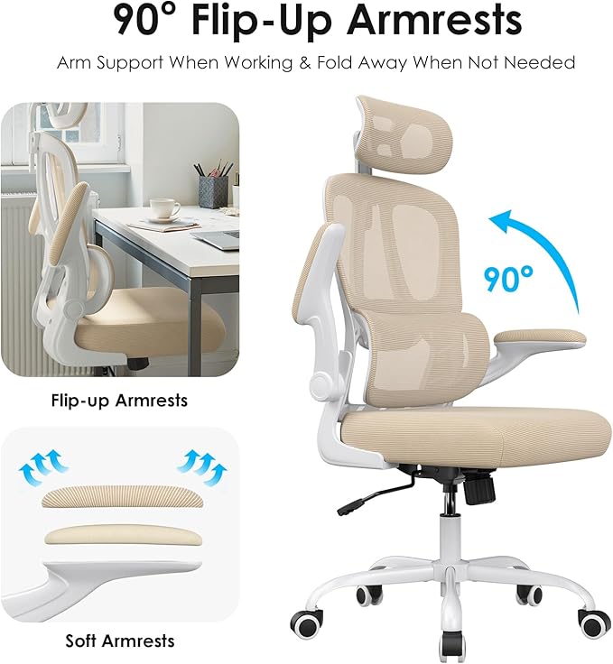 Breathable All-Mesh Ergonomic Chair with Headrest - High Back Desk Chair for Cool, Sweat-Free Work Sessions, Silent Casters Perfect for Bedroom Office (Khaki)
