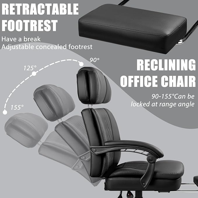 LEMBERI 400lbs Executive Office Chair with Foot Rest, Ergonomic Heavy Duty Big and Tall Desk Chair with Adjustable Headrest, High Back PU Leather Comfy Reclining Computer Chair
