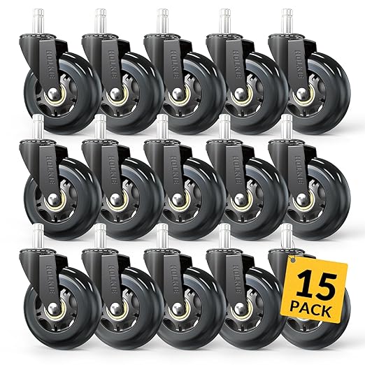 HOLKIE Office Chair Wheels Roller Blade Caster 11x22mm All Black 3 Inch Chair Wheels for Office Rubber Rolling Set of 15 for Carpet Hardwood Floors Gaming Smooth & Silence Gliding