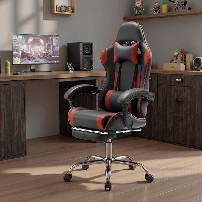 DUMOS Ergonomic Gaming Office Desk Chair with Footrest and Headrest for Adults, PU Leather Video Computer Chair with Linkage Armrests, Height Adjustable 360° Swivel Recling Chair, Black Red