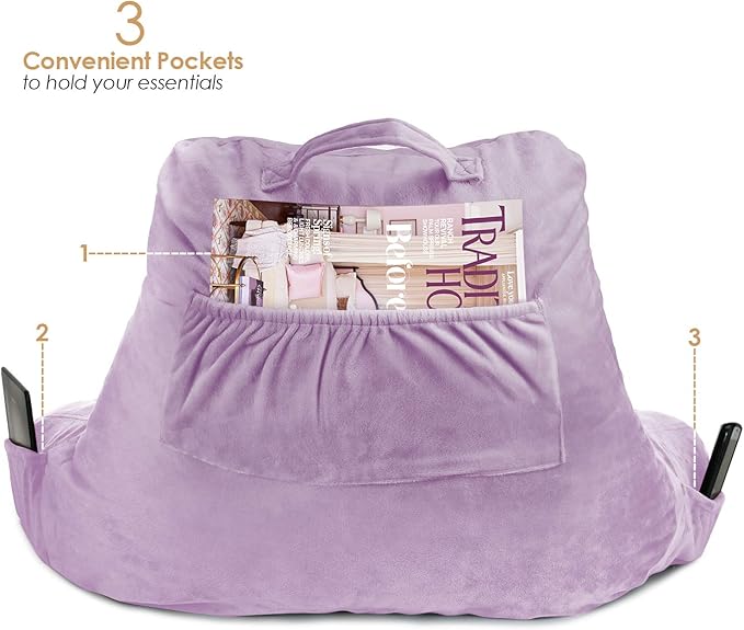 Clara Clark Reading Pillow with Shredded Memory Foam for Sitting Up in Bed and Couch, Back and Arms Adjustable Support for Adults & Teens Backrest Pillows for Reading, with Washable Cover Lavender