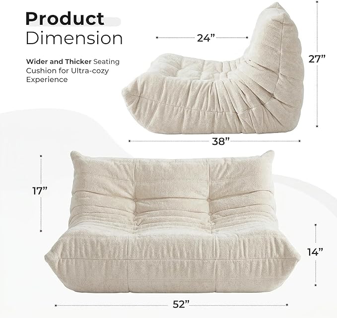 HABUTWAY Bean Bag Chair, Giant Bean Bag Chairs for Adults, Loveseat Fireside Chair, 2 Seater Lazy Bean Bag Sofa Memory Foam Couch for Living Room, Bedroom, Office (Beige)