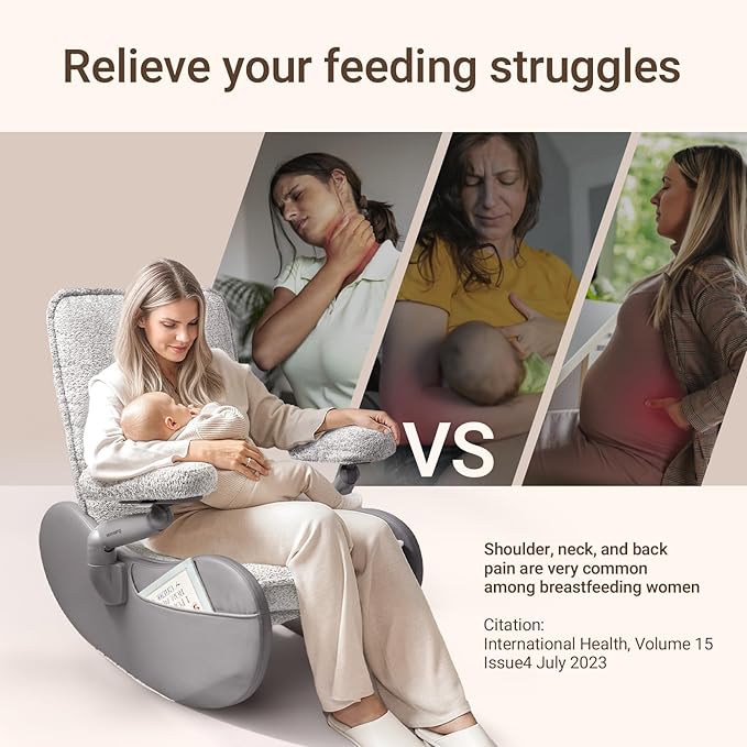 MAMAZING Lullabud Nursery Rocking Chair Glider with Adjustable Armrests for Breastfeeding, Upholstered Nursing Chair with Removable Cover (Grey/Grey)