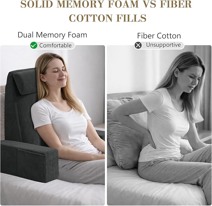 Back Pillow for Bed Sitting Up, Upright Pillows for Sleeping & Lumbar Relief, Dual-Layer Back Support Pillow with Adjustable Headrest, Black