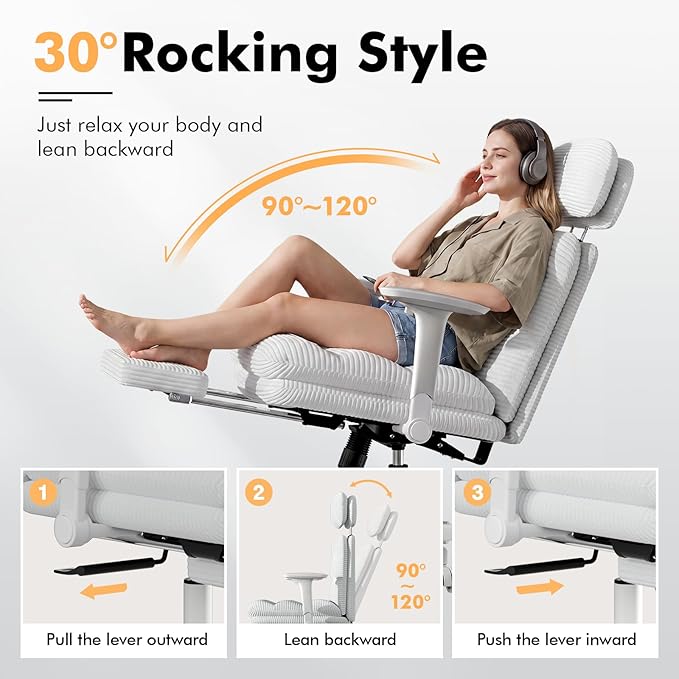 GXJ Criss Cross Chair with Flip-up Arms, Executive Office Chair with Foot Rest, Swivel Cross Legged Office Chair with Lumbar Pillow&Headrest, Corduroy Comfy Computer Desk Chair for Home, White
