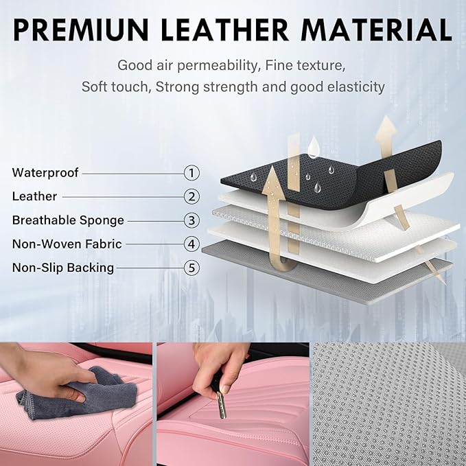 Coverado Car Seat Covers Front Seats, 2 Piece Car Seat Protector with Lumbar Support & Removable Headrest, Breathable Leather Seat Cushion Universal Fit for Truck Automotive Vehicles Pink