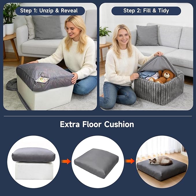 Tiita Square Ottoman Foot Rest, Corduroy Pouf Ottoman with Foam Filling, 21x21x13.8 Inch Poofy Ottomans with Removable Cover, Fluffy Foot Rest Stool with Non-Slip Bottom for Living Room Bedroom