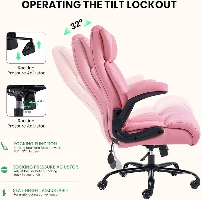 500lbs Big and Tall Office Chair Adjustable Lumbar Support for Back Pain, Extra Wide Seat Executive Office Chair Thick Armrest Pad, Heavy Duty Base&Upgraded Wheels, Ergonomic Comfy Computer Desk Chair
