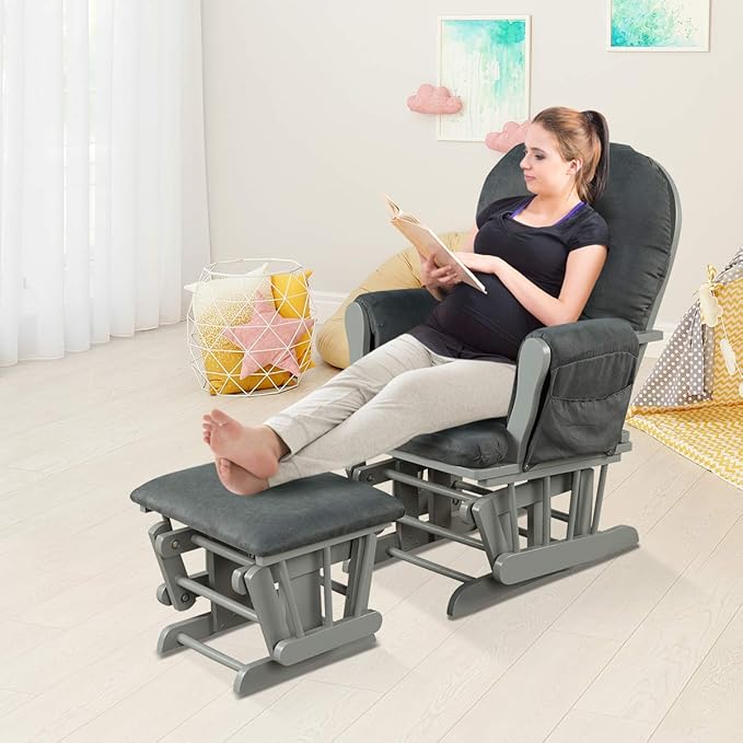 Costzon Nursery Glider with Ottoman, Upholstered Comfort Glider Rocker with Padded Cushion, Storage Pocket, Solid Wood Base, Rocking Chair Nursery for Breastfeeding, Napping (Dark Gray)