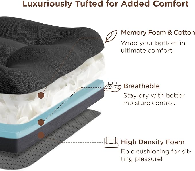 Codi Dining Chair Cushions 2 Pack, Thick Chairs Pads for Indoor Kitchen Room - Washable, Non-Slip Memory Foam Seat Cushion with Ties, 16.5"x16.5"x 3.5", Set of 2, Black New