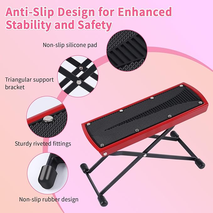 Red Pedicure Foot Rest, 6 Heights Adjustable Non-Slip Metal (Aluminum alloy) + Rubber Foot Stand for Easy at Home Pedicures, Foldable, Modern, Comfortable