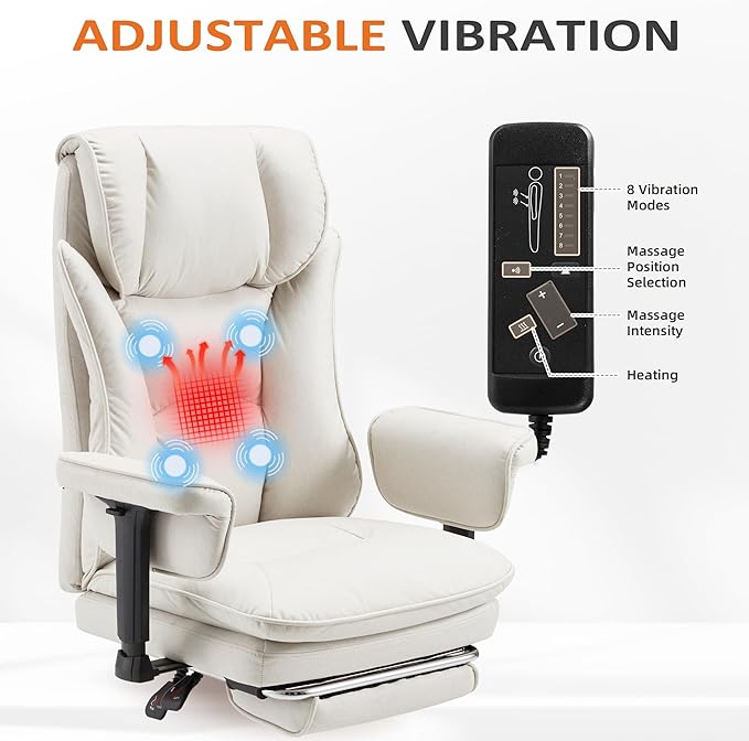 HOMREST 4-Point Massage Office Chair with Heat, 155° Reclining Executive Desk Chair with Adjustable Armrests for Home Office, Ergonomic High Back Computer Chair with Footrest, Beige
