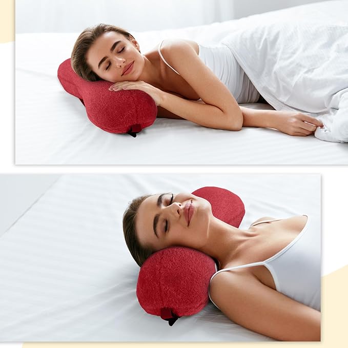 Colingmill 1 Pc Neck Pillow for Recliner Headrest Pillow Bone Shaped Chair Plush with Adjustable Strap Neck Support and Pain Relief Curve Head Cushion for Car Travel Airplane (Red)