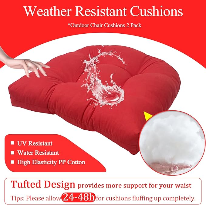 MTMR Waterproof Outdoor Chair Cushions Set of 2, 19X19 Patio Wicker Chair Cushions, Tufted Outdoor Cushions for Patio Furniture, Thick Outdoor Patio Replacement Seat Pads for Porch Lawn Chairs Red