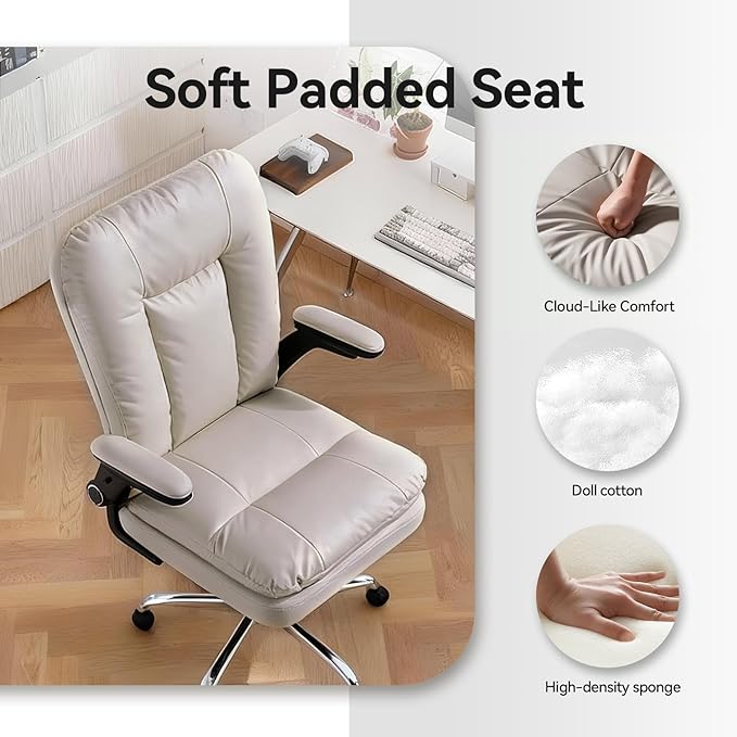 LEAGOO Ergonomic Office Chair with 3D Flip-Up Arms, Adjustable Height & Rocking Function, PU Leather Swivel Task Chair for Home Office, 300 lbs Capacity - Beige