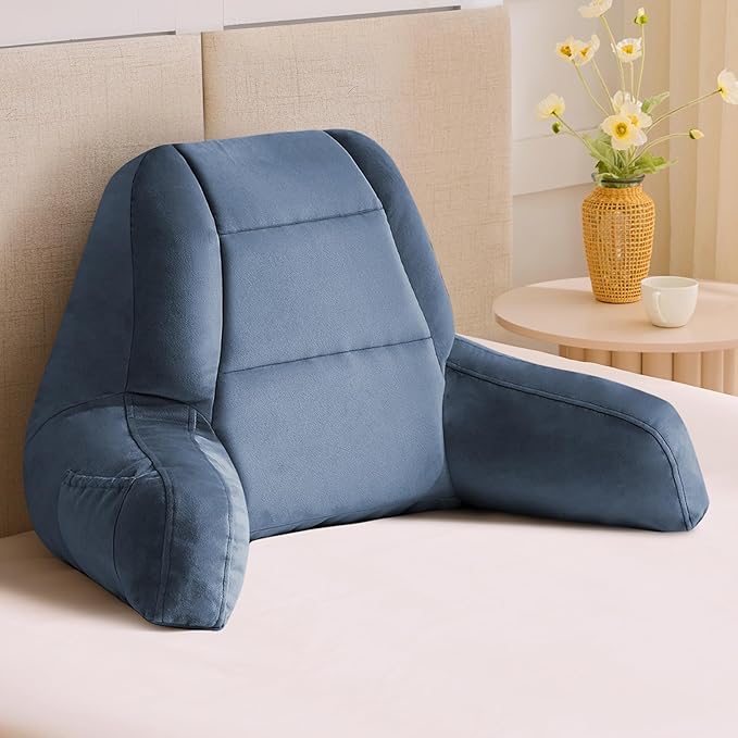 IASEAHK Reading Pillows for Sitting in Bed Adult, Back Pillow for Bed Sitting Up, Backrest Pillows with Shredded Foam for Adult&Teens, Support Pillow with Arms for Beds, Couch, Floor, 20in, Navy Blue