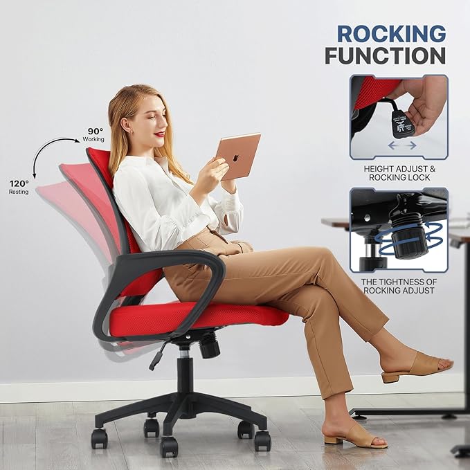 MoNiBloom Mesh Office Chair, Ergonomic Computer Chair for Adults, Rolling Swivel Mid-Back Desk Chair with Lumbar Support, Comfy Armrest for Home Office, Gaming, Red