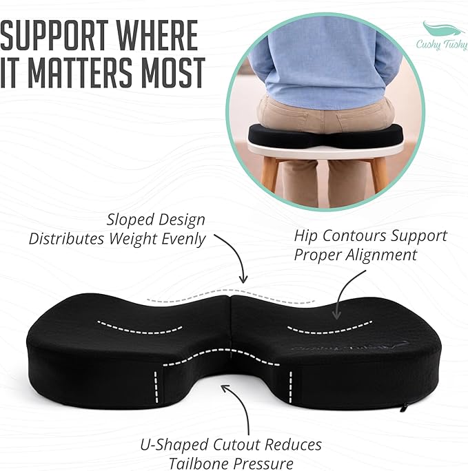 Cushy Tushy Premium Slim Foldable Travel Seat Cushion - for Relief of Lower Back, Sciatic, Butt and Tailbone Pain - for Home & Office Use, Perfect for Travel or Driving - Slim Coccyx Cushion - Black