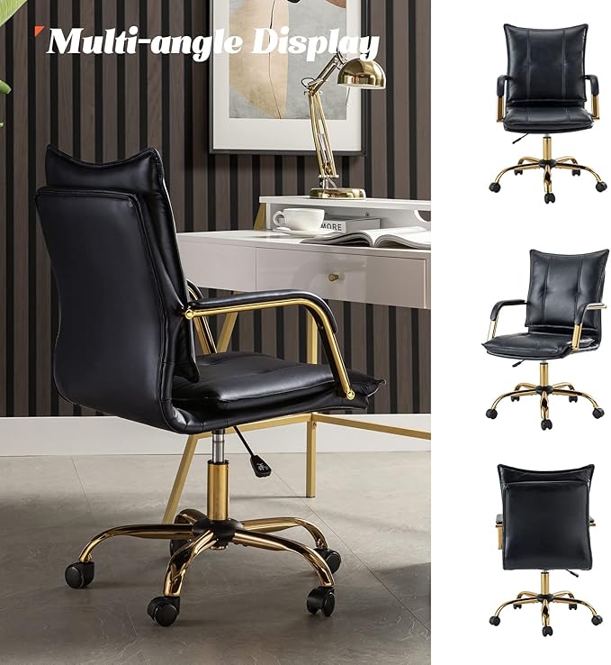 HULALA HOME Faux Leather Home Office Desk Chair, Adjustable Swivel Computer Chair with Golden Legs and Arms, Comfy Upholstered Task Chair, Navy