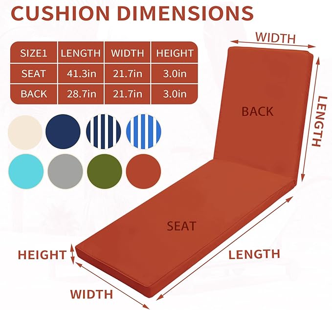 Outdoor Chaise Lounge Cushions for Patio, 72"x22"x3" Lounge Chair Cushions, Waterproof Replacement Seat Cushions for Outdoor Furniture