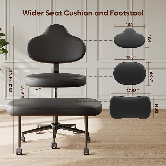 Pinmoco Cross Legged Office Chair with Wheels, Meditation Chair, ADHD Chair for Adults, Wider Height Adjustable Backrest and Seat, Yoga Office Chair, PU Leather, Black