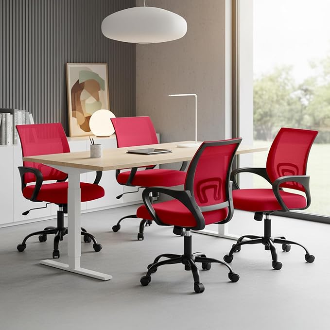 OLIXIS Office Desk Chair - Ergonomic Mid Back with Lumbar Support & Rocking Mode, Height Adjustable with Fixed Armrest, Storage Back for Computer, Gaming, Conference, Meeting Room, 360° Swivel, Red