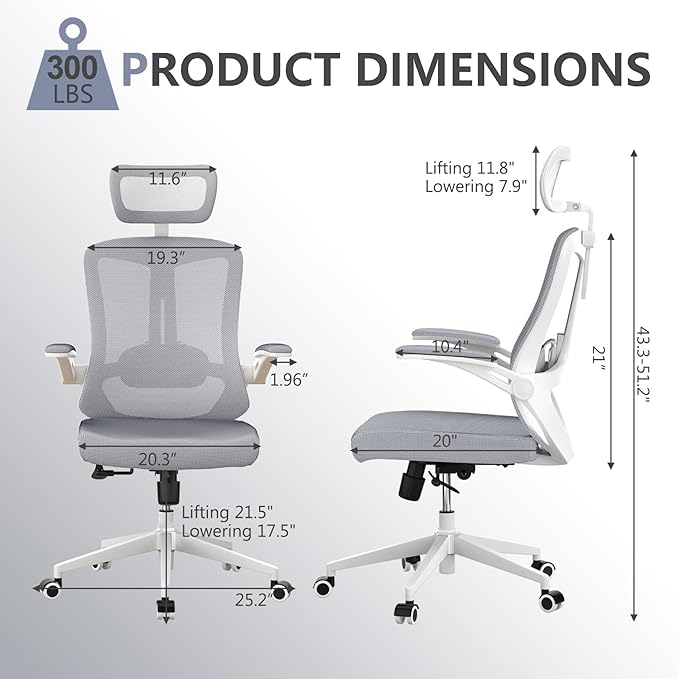 350 LBS Ergonomic Office Computer Mesh Chair - Adjustable Height Rolling Desk Chair with Flip-Up Armrests & High Back Support - Comfortable Swivel Task Chair for Home Office (03grey)