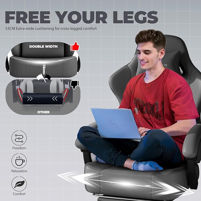 GTPLAYER Gaming Chair with Pocket Spring Cushion, Big and Tall Gamings Chairs 350LBS High Back Computer Chair with Footrest for Adults Lumbar Support Swivel Game Chair for Office, Leather Grey
