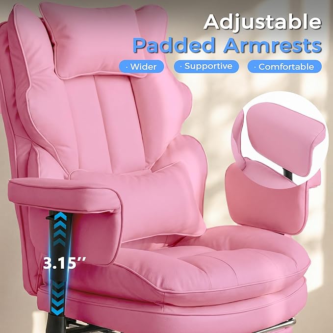 Big and Tall Massage Office Chair with Heat, Extra Wide Double-Layer Pocket Spring Cushion, High Back Reclining Gaming Chair with Adjustable Armrests & Footrest, Heavy Duty Ergonomic Chair, Pink