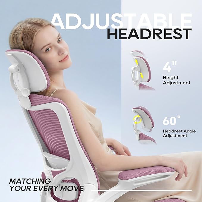 Office Chair, Ergonomic Mesh Desk Chair with Adjustable Lumbar Support and Headrest, Flip-up Armrests, High Back Computer Task Chair for Home and Executive Office (W-All Purple)