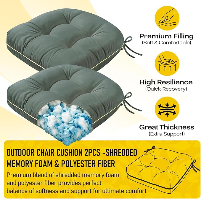 1 MIDDLE ONE Outdoor Chair Cushions Set of 2, Outdoor Cushions for Patio Furniture and Wicker Chair, Memory Foam Patio Seat Cushion Pads with Ties, 19 x 19 Inch (Grey)