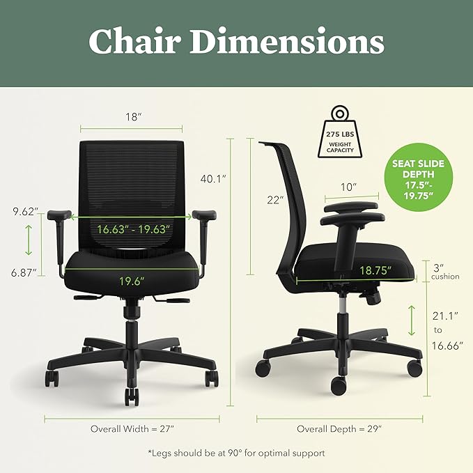 HON Convergence Ergonomic Office Chair with Mesh Back, Vinyl Seat Cushion, Adjustable Arms, Lumbar Support, Synchro‑Tilt Swivel Desk Chair with Wheels for Home Office, Black Frame, Black