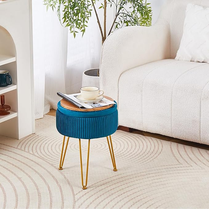Cpintltr Velvet Foot Rest Stool Multipurpose Dressing Stools Upholstered Round Storage Ottoman Modern Soft Vanity Chair with Memory Foam Seat Teal