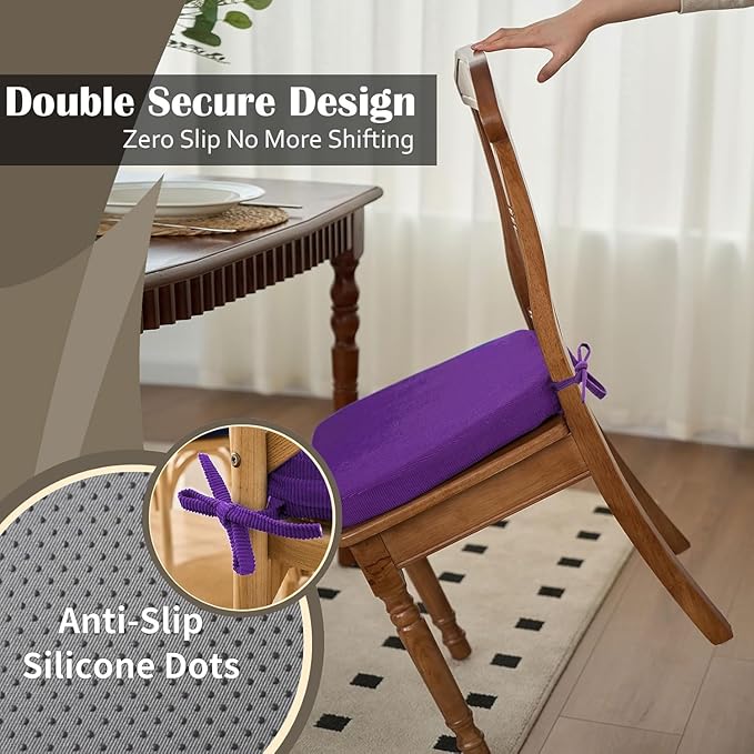 2'' Thick High-Density Foam Indoor Chair Cushions | Dining Chair Pads with Ties, Removable Washable Cover, Kitchen Chair Cushions 17"x16",Purple 6 Pack