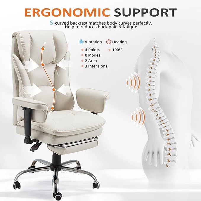 HOMREST 4-Point Massage Office Chair with Heat, 155° Reclining Executive Desk Chair with Adjustable Armrests for Home Office, Ergonomic High Back Computer Chair with Footrest, Beige