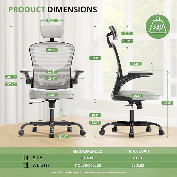 Synorla Office Chair Ergonomic Desk Chair, 330LBS Capacity, High Back Computer Design for Long Hours Comfort, Rolling Swivel Executive Task for Home Office with Flip-up Armrests, Black Grey
